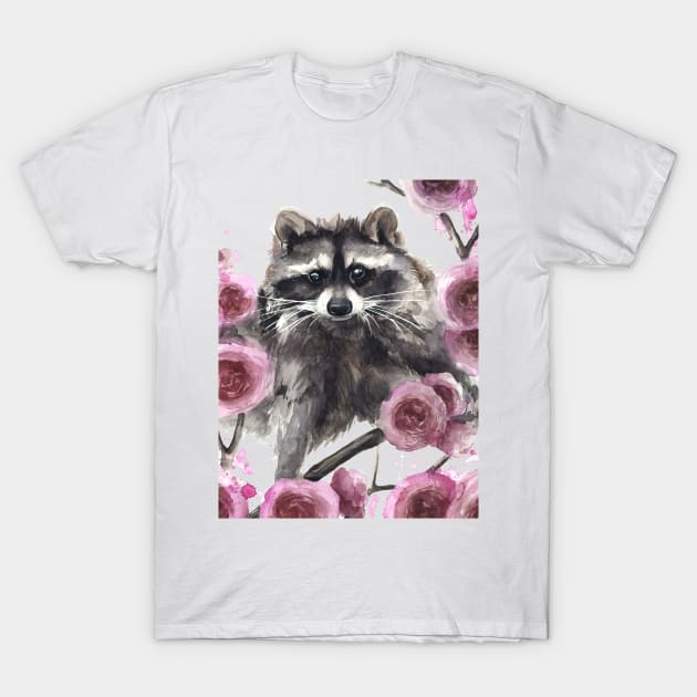 Raccoon and Flowers T-Shirt by Kira Balan